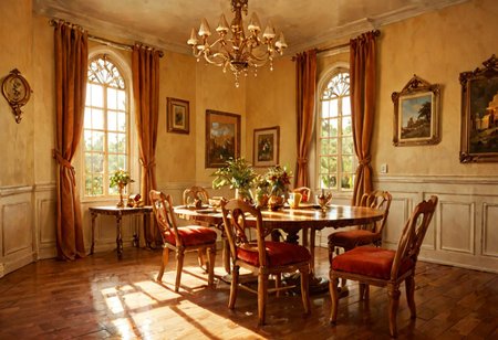 score_9, score_8_up, score_7_up,score_9, score_8_up, score_7_up, scenery, dining room, dining table, chandelier, bay window