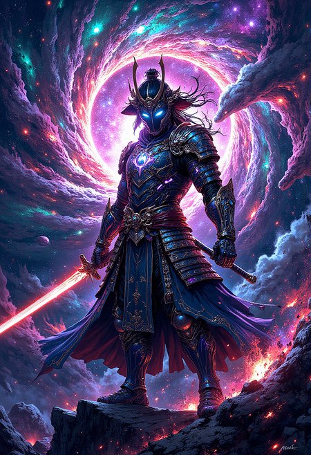 A futuristic samurai with glowing holographic armor, standing on the edge of a collapsing star. His sword, made of pure light, cuts through the surrounding energy waves. Behind him, galaxies swirl in a massive spiral, their colors shifting between neon purple, green, and blue. His eyes glow with the intensity of a thousand suns as he prepares to battle a cosmic entity in the heart of a supernova.    <lora:FluxMythP0rtr4itStyle:0.8> MythP0rt,  <lora:aidmaImageUpgrader-FLUX-V0.1:0.33> detailmaximizer, <lora:aidmaMJ6.1-FLUX-V0.1:0.6> midjourneyv6.1,