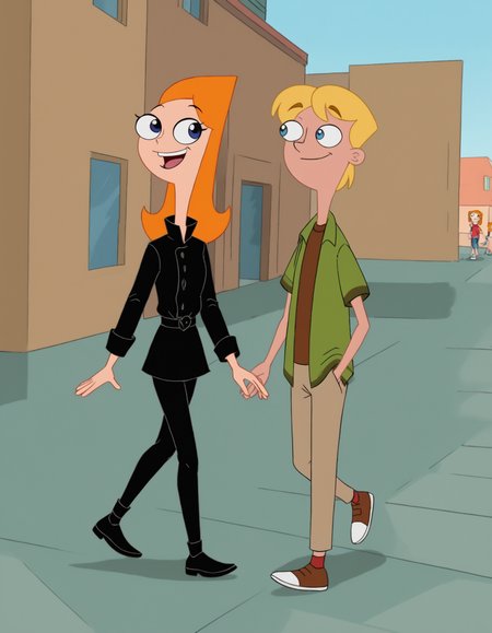 ,highres, <lora:canjermpd:0.85> candace flynn, jeremy johnson, 1girl, 1boy, parody,orange hair,blonde hair,short hair, long hair,blue eyes, black eyes,happy,looking looking at another,walking,