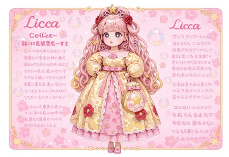 ((fullbody)) 1girl, solo, ((Licca-chan : 1.2)), moe, kawaii, cute, doll, doll joints, big black eyes, detailed lips, makeup, hands on hips, holding, holding purse, fashion, ((doll_clothes)), (princess), yellow gown, ((yellow ornate floral print puffy gown with ribbons and rococo lace trim)), accessories, hair ornaments, too many hair ornaments, simple background, print background, pastel background, (pastel pink floral patterned background), colorful floral print background, red roses, bubbles, text, text captions, ((Japanese text)), wide shot, pastel colors, hearts, star (symbol), music notes, sparkles, glitter