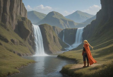 fft_style, xfrazettax, Oilpaintingbrushstrokes,  a woman standing on a grassy hill, looking over a stream with a waterfall in the distance