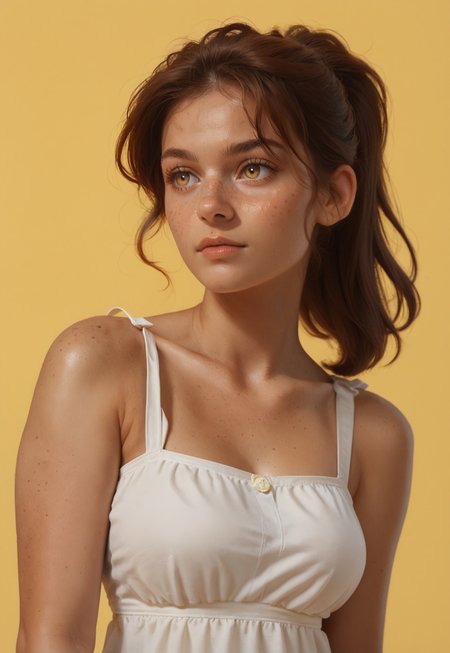 1girl, simple yellow background, freckles, brown hair, ponytail, golden eyes, 

sundress, floral, 

upper body, 

score_8, score_9_up,