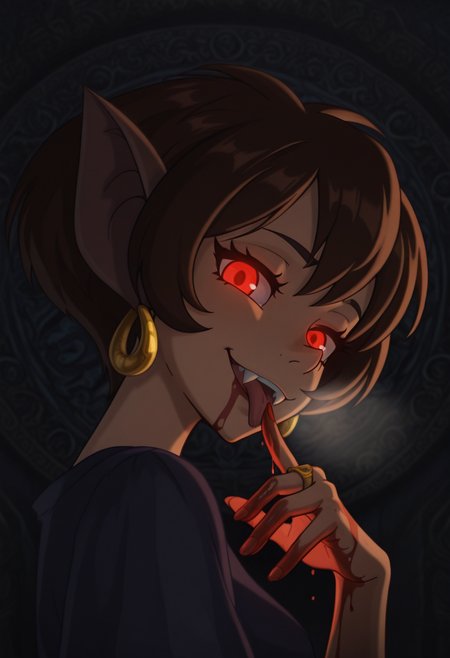 Graphic Design, color art, vibrant colors, colorful, intricate details, high contrast, detailed background, beautiful detailed, beautiful face, detailed eyes, detailed face, new, five fingers, 1girl, solo, n41n4, brown hair, short hair, red glowing eyes, animal ears, ring earrings, portrait, smug, smirk, licking own fingers, licking blood, blood on hand, fangs, heavy breathing, looking at viewer, dynamic pose, dark, head tilt, from side, (masterpiece, best quality, newest, recent, absurdres),