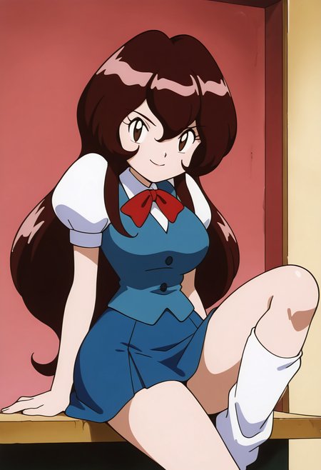 masterpiece, best quality, solo, curvy, beautiful eyes, aged up, large breasts, wide hips, narrow waist, 1girl, solo, smile, looking at viewer, zzGiselle, brown eyes, hair between eyes, brown hair, long hair,   red bowtie, puffy short sleeves, blue vest, buttons, blue skirt,  knee socks, sitting, <lora:GisellePokemon_IXL:1.0>,     leaning on wall, one leg bent, smug, looking at viewer,
