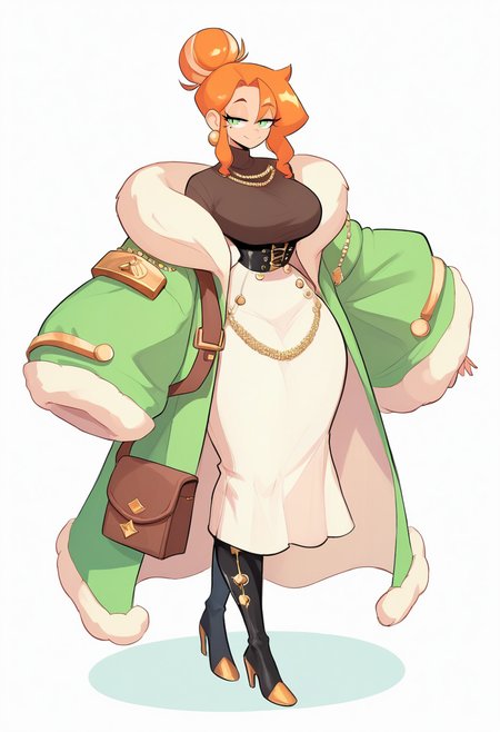score_9, score_8_up, score_7_up, Theycallhimcake, tan turtleneck sweeter, black corset, white waist-high tight slited skirt, black knee-high boots with gold heels, waist satchel, oversized dark green coat, beige fluffy trim, jewelry, waist chain, 1girl, light skin female, orange hair, green eyes, single low hair bun, hourglass body, wide hips, large breast, eyes half-closed, lidded eyes, mole under eye, (smile:0.7) 
