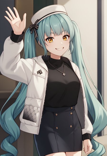 score_9, score_8_up, score_7_up, source_anime BREAK 1girl, solo, <lora:privaty-nikke-richy-v1_pdxl:1> privatycasual, yellow eyes, aqua hair, twintails, very long hair, white headwear, white jacket, black sweater, black skirt, <lora:pochimaru-artist-richy-v1_pdxl:1> waving, smile