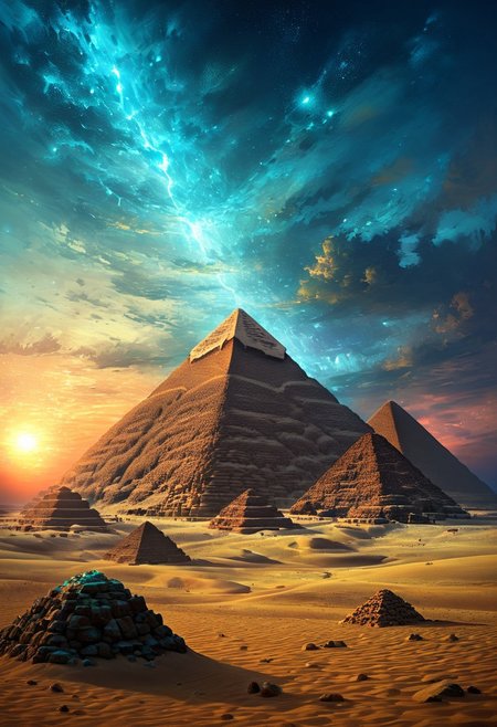 (by Ellen Jewett:1.5), (Bioluminescent Impressionism, Egyptian landscape, The Dreamland, Egyptian desert, sand, rock, great pyramids, fine pyramids, smooth pyramids, techno pyramids with great beams of light shooting up into the sky,  sky sunset, sunrise ,waterfall, ethereal landscapes, depth of field, biotech emotion:1.3) <lora:xl_more_art-full_v1:0.5> <lora:add-detail-xl:1> <lora:RMSDXL_Creative:2>