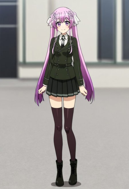 blurred background,
smile,
looking at viewer,
solo,
hundred_-_sakura_kirishima, pink_hair, long_hair, twintails, hair_ornament, hair_flower, purple_eyes, purple_hair, hair_ribbon,
school_uniform, jacket, long_sleeves, black_necktie, skirt, black_thighhighs, boots,
standing,
masterpiece,best quality,good quality,newest,