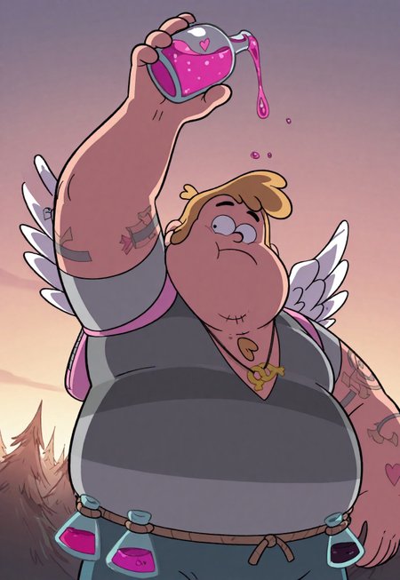  , safe_pos, solo, masterpiece, detailed, uwa, huge filesize, ultra hd, best quality, male focus, (absurdres, highres), two pupils, 
1boy, official art, bright, LoveGod, fat, tattoos, chest tuft, straight symbol pendant, grey striped shirt, cutoff pants, belt, wings, backpack, upper body, holding potion