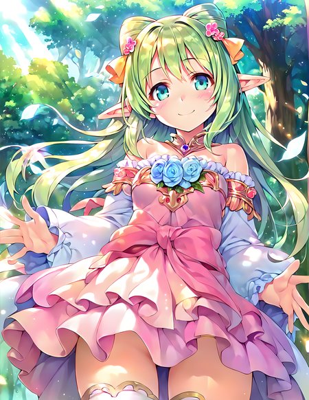<lora:pony_xl_Cecile:0.8>,Cecile,score_9,score_8_up,score_7_up,source_anime,1girl,solo,looking at viewer,blush,smile,:d,bare shoulders,pink dress,brilliant dress,detached sleeves,thin pink skirt,ruffles,white thighhighs,nature,sky,day,Dreamy forest,fantastic,refreshing wind,the sunlight streaming through the leaves of the trees,sunny weather writing,lens_flare,hair fluttering in the wind,hair_flaps,standing,cowboy_shot,
