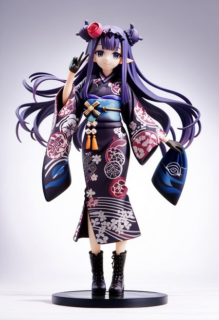 source_anime, score_9, score_8_up, score_7_up,
gradient background, 
full body, smile, hand up, v,
<lora:ninomae_inanis_pony_v1ep08a03:1>
inaNewYear, very long hair, purple hair, center-flap bangs, sidelocks, double bun, headpiece, hair flower, rose, pointy ears, blue eyes, mole under eye,
japanese clothes, black kimono, blue obi, long dress, print kimono, wide sleeves, black gloves, boots, cross-laced footwear,