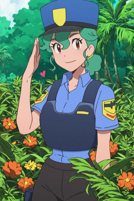 score_9, score_8_up, score_8, medium breasts, (curvy), cute, eyelashes,      ,,,   zzJenny, brown eyes, hair between eyes, green hair, long hair, ponytail, short hair, police uniform, policewoman, shirt, police hat, blue shirt, collared shirt, black pants, cowboy shot, salute,  tropical forest,  <lora:JennySunMoonPDXL:1>,   ,,, smile, looking at viewer,  ,,, embedding:zPDXL, Expressiveh, <lora:SDXLFaeTastic2400:0.5>,  <lora:Expressive_H-000001:0.4>,