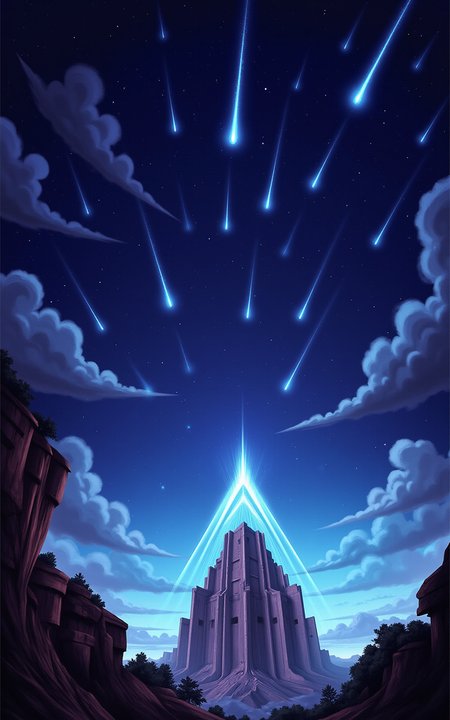 YFG-SRS, rbcharc0al, Digital painting style, dark blue sky filled with glowing stars and meteors, with intricate textures and vibrant colors. The scene should include a rich variety of elements, each contributing to the overall atmosphere. Lighting should be soft, diffused, and natural, enhancing the depth and realism of the scene. The mood is to be calm yet vibrant, creating a sense of serenity and wonder. Every detail in the scene should be meticulously rendered, emphasizing the contrast between light and shadow, and capturing the fine textures and subtle gradients. The color palette should be carefully chosen to evoke emotion, with each hue enhancing the aesthetic appeal of the overall composition. The final image should be immersive and captivating, drawing the viewer into its intricately detailed world.