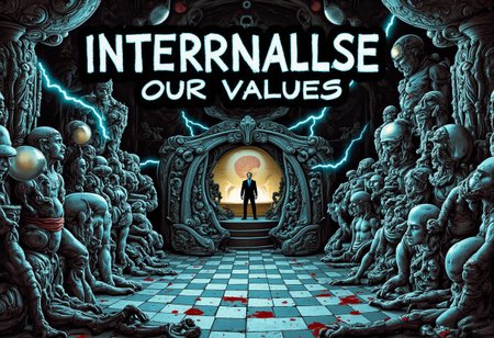 the words 'INTERNALISE OUR VALUES' written in large font fills the front of frame. In the back of frame weird man with in a dark room with checkerboard blue lotus PEOPLE ARE trapped inside machinery, people crushed inside mechanical gears, high gore arms crushed and bent, signs of wailing, people in business suits trapped in machinery. floors with blood on the ground with a white interior cyber tech electricity electical circuits illuminati symbols with brains and vaginas with high technology alchemical background lightning bolts