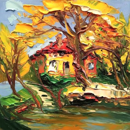impasto house by the stream, tree<lora:impasto:1>