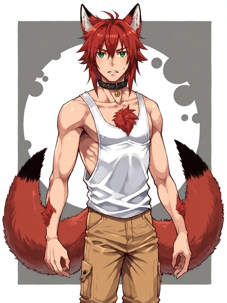 score_9, score_8up, score_7up, score_6up, score_5up, score_4up, BREAK
abstract background, BREAK
solo, male, elphkun, animal humanoid, fox ears, red hair, green eyes, collar, white tank top, chest tuft, arm tufts, BREAK
cargo shorts, 2tails, source_anime, rating_safe, BREAK
<lora:Elphkun_v2:0.8>  <lora:Torakitchen__Ebitendon_-_Style_-_PDXL:1> tk_style