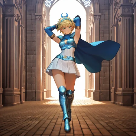 HDA_MasterpieceXLclassic, HDA_BKGD_Cathedral,  <lora:Artemis_-_Shin_megami_tensei_V:1> ArtemisIL, 1girl, blonde hair, green eyes, short hair, armor, pauldrons, dress, skirt, fingerless gaunlets, knee boots, blue cape, clevage cut out, tiara, confident smile, HDA_AdjustingHairXL