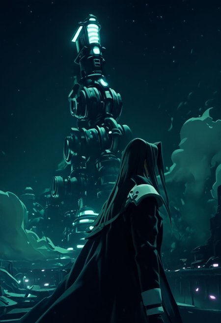 score_9, score_8_up, score_7_up, asymmetrical composition, vaporwave, Lofi, Sephiroth looking impassive, facing viewer, posing for a portrait in front of ShinRa tower, shinra_hq, shoulder armor, ShinRa headquarters, night, city, smoke, fog, smog, smoke stacks, holding very long katana, long billowing black leather overcoat, pitch black starry sky, solo, beautiful, androgynous, flat chest, leather straps, broad shouldered, high contrast, industrial cityscape background, Netflix, Studio Trigger, ff7, neolight,