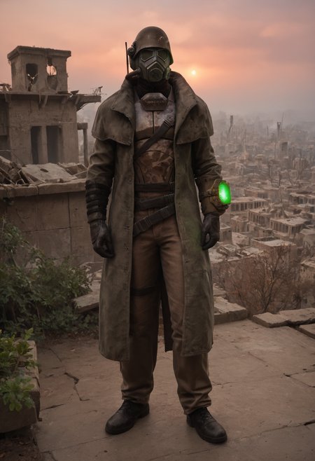 (score_9, score_8_up:1.1), score_7_up, realistic photograph
d3sertranger, helmet, 1boy, (muscular), black gloves, gas mask, full body, front view, night starry_sky sunset city ruins, <lora:desert_ranger_v1.1_pony-000006:1>