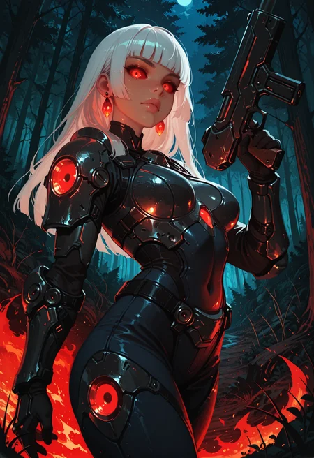1girl, solo, weapon, long hair, earrings, jewelry, forest, gun, nature, armor, breasts, red eyes, holding, holding weapon, white hair, science fiction, blunt bangs, holding gun, glowing, lips, outdoors, night, glowing eyes, cowboy shot, medium breasts, colored sclera, looking at viewer, fire, masterwork, masterpiece, best quality, dynamic lighting , dynamic pose,,  dynamic angle, nose, (lineless:1.2)