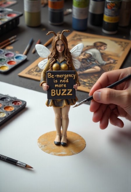 Miniature figurine of beautiful, slender woman wearing a bee costume drawn in an art studio. The figurine is wearing a black and golden bee costume with wings. The figurine holds up a handwritten sign. She colourful paint in gold and black tones. ArsMJStyle, aidmaTableTopMiniatures
 There are scattered art supplies around the table, focusing on the zombie portrait. The background features an art studio setting with various paint pots for miniature colouring. A mixing palette of paints is visible on the left side.
The artist is a colouring the handwritten sign with a fine brush, only the artists hand is visible as it paints the figurine.
The text on the sign is painted in bright golden letters: "Bee-mergency - need more BUZZ"
