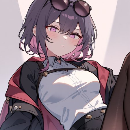 ,1girl,solo,upper body,,pantyhose,eyewear_on_head,jacket,shirt,<lora:Qszb>,<lora:kafka:1>, masterpiece, best quality, very aesthetic, absurdres