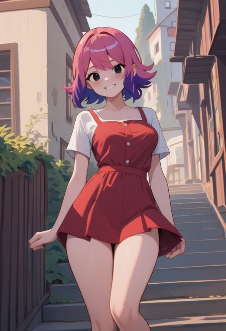 zPDXL3, score_9, score_8_up, score_7_up, score_6_up, score_5_up, score_4_up, 
1girl, medium breasts, 
red dress, slit, thick thighs, smile, blush, 
spramona, ramona flowers, two-tone hair, pink hair, purple hair, black eyes, solo,