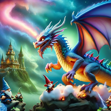 Fujifilm quality photograph (best quality)++, (masterpiece)++, (detailed)+, elf on the shelf fighting a Dragon, (fantasy illustration)1.3, enchanting Dragon battle elf on the shelf, mystical battle, (many gnomes battling)1.4 (whimsical charm).4 Otherworldly charm, mystical sky, (Luis Royo)1.2, (Yoshitaka Amano)1.1, moonlit night, soft colors, (detailed cloudscape)1.3, (high-resolution)1.2 (gnomes  battling everywhere)1.2 , <lora:DonM3t3rn1tyXL-v1.1:0.8> DonM3t3rn1tyXL <lora:DonMD1g174l4sc3nc10nXL:0.8> DonMD1g174l4sc3nc10nXL  <lora:Dragons:0.8> dragon  <lora:EnvyMagicalXL01:0.8> magical <lora:FantasyLandscape:0.8> FanLan