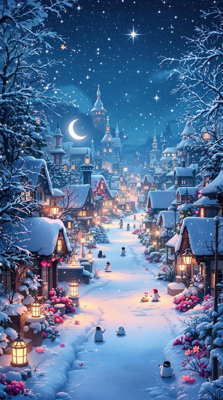 In the tranquil embrace of a Hayao Miyazaki-inspired night city room, neon lights cast a cozy glow onto the winter scene. A snowy landscape painted with peaceful hues is dotted with whimsical details like playful spirits and intricate architecture. This enchanting painting captures a sense of tranquility and wonder, inviting viewers to immerse themselves in a dreamlike world of beauty and serenity.