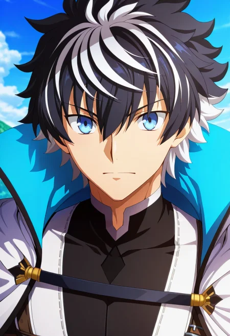 masterpiece, best quality, , anime screencap, anime coloring, official style, , 1boy, solo, male focus, <lora:charlemagne_fate_ilxl:1>, charlemagne_fate, black hair, blue eyes, multicolored hair, white hair, two-tone hair, short hair, hair between eyes, bangs, streaked hair, cape, ,