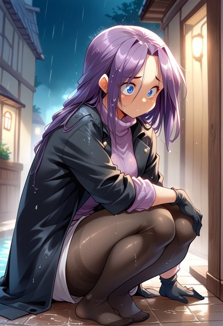 score_9, score_8_up, score_7_up, source_cartoon, solo, robot woman, black coat, purple turtleneck, black pantyhose, black gloves, (caught in the rain, on her knees, sad, wet, soaking wet hair:1.3), (indirect lighting, dynamic lighting:1.4), back alleyway, at night, (detailed image, high resolution, 5k resolution:1.0), (las lindas style), (anime Art Style:1.2)
