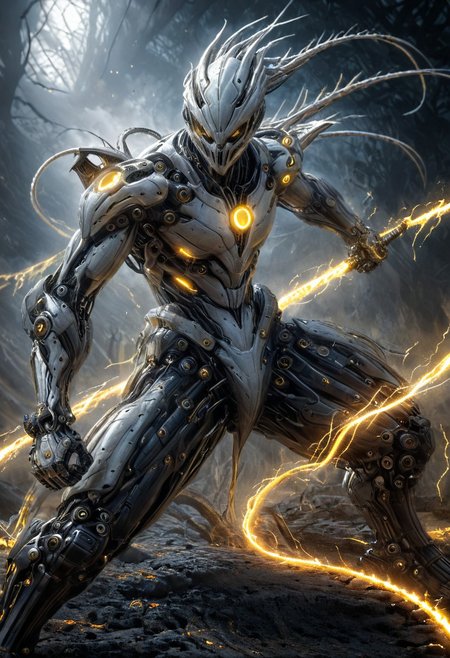 High definition, crisp clear movement capturing cybergothic illustration of a white alien cyborg ninja with luminous yellow glowing circuits in the style of H.R. Giger, detailed tribal facial features, dynamic action attack pose, mechanical and organic fusion hyper realistic, intricate detailed, meticulous portraiture, complex patterns,  luminous circuit art, dynamic detailed cybergothic background, photo realistic, 8k, abstract composition