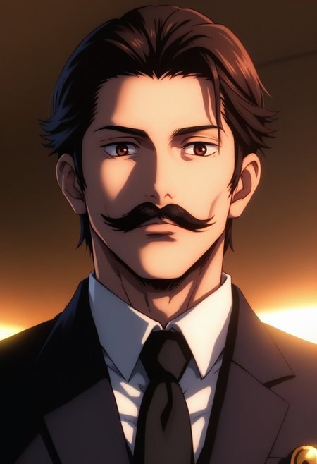 score_9, score_8_up, score_7_up, source_anime, intricate details, expressive eyes, anime screencap, perfect balance, official art, extremely detailed CG unity 8k wallpaper, perfect lighting, Colorful, Bright_Front_face_Lighting, (masterpiece:1.0),(best_quality:1.0), ultra high res,4K,ultra-detailed, photography, 8K, HDR, highres, absurdres:1.2, Kodak portra 400, blurry background, bokeh, lens flare, (Anime) (vibrant_color:1.2), professional photograph, night, (good_face:1.2), 2d, anime, upper body, intricate iris, American, Professional character design, 1man, male focus, tan skin, brown eyes, expressive eyes, perfect eyes, Curly hair, (black hair), white dress shirt, black suit, black tie, Fluffy mustache, Mario Mustache, Thick Mustache, italian, manly, masculine, solo, jujutsu_kaisen_style, character portrait, (Dramatic, Intense, epic, perfect-lighting, lens flare), face, torso, (checkered backdrop), 
 (black and white checker pattern) (Mario)