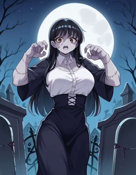 score_9, score_8_up, score_7_up, source_anime, <lora:anna-yamada-s2-ponyxl-lora-nochekaiser:1>, anna yamada, long hair, bangs, black hair, brown eyes, large breasts, <lora:zombie-ponyxl-lora-nochekaiser:1>, zombie, colored skin, stitches, grey skin, multicolored skin, stitched face, zombie pose, halloween, halloween costume,, night, moon, graveyard, tombstone, grave, open mouth,, looking at viewer