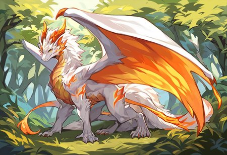 score_9, score_8_up, score_7_up, score_6_up, source_anime, 1boy, solo, dragon, foxlike, white fur, paws, orange markings, fiery bird wings, orange dragon horns, glowing yellow eyes, multiple tails, nine fox tails, forest background, on all fours, regal, wings spread out,