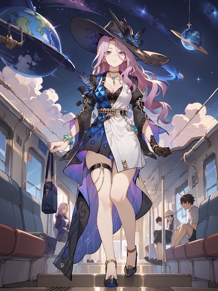score_9, score_8_up, score_7_up, source_anime, 1girl, jade \(honkai: star rail\), sun hat, necklace, layered dress, bracelet, single glove, shrug \(clothing\), earrings, thigh strap, strappy heels, black bra, train station, planet, starry sky, outdoors, depth of field, full body, looking at viewer, walking  <lora:Char-HonkaiSR-Jade-Pony-V1:1>