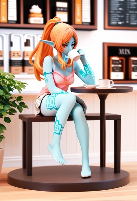 zPDXL3, score_9, score_8_up, score_7_up, score_6_up, score_5_up, score_4_up, 1girl, solo, medium breasts,
cafe, sitting, drinking, coffee, mug, 
indoors, spaghetti strap, pink camisole, 
tpmidina, midna, 
pvc, figure, figurine,