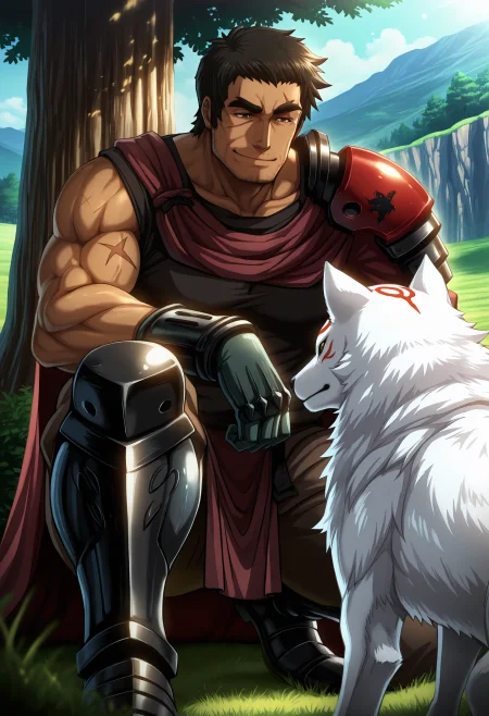 best quality, masterpiece, anime_screencap, hi res, best_quality, very aesthetic, absurdres, 8k, Kva1t,
1boy, male_focus, 
brown_eyes, black_hair, 
scar, manly,muscular, thick eyebrows, facial hair, stubble, sideburns,
smile, happy,
armor, cape, shoulder armor, pauldrons, shoulder pads, gauntlets, gloves, greaves, 
kuroinu emblem, squatting, bent down to pet his wolf,
amaterasu_\(okami\), wolf, animal, beautiful lighting, ray traced, outdoors, meadow, tree, cliff, day, sunshine