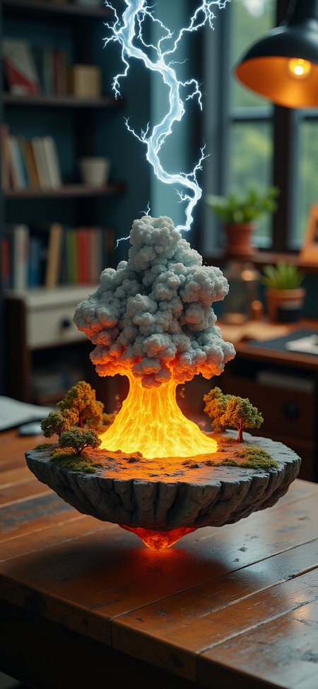 (indoor,very wide isometric view,tilt-shift lens:1.6), (windowless,miniature,miniature,diorama,miniature,diorama,PVC,plastic:2) ,  k-9 thunder with flame at (floating island,levitating  island:1.5) on (table:2) at (study:2.5)   <lora:Diorama_Flux:1>