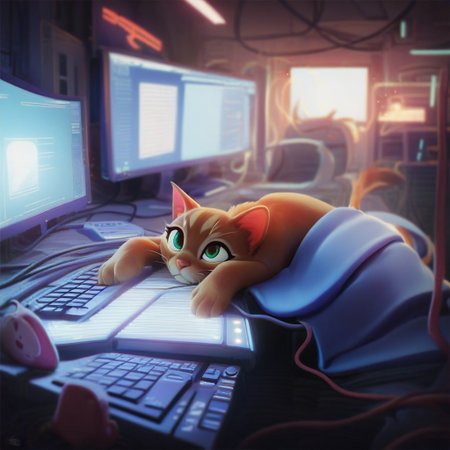 score_9, score_8_up, score_7_up, depth of field, ambient occlusion, bokeh, cel shading, black illustration lines, cinematic lighting, server room, computer lab, computer, information technology, I.T., lying on keyboard, wires, asleep, kitten,