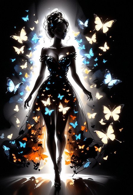 inksketch, a silhouette of a woman, black background, glowing butterflies, full body, black dress