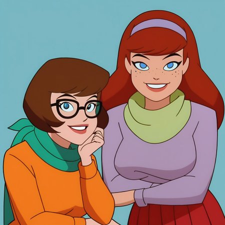 2 woman Score_9, Score_8_up, Score_7_up, surce_6_up, <lora:BatSup_Anim_90s_PDXL:0.8> batsup90xl, flat color, 90s, 1 girl, Daphne blake, wide hips, red hair, long hair, purple headband, blue eyes, smile, looking at viewer, purple minidress, green scarf, big breasts, pantyhose roses, upper body, REST , 1 girl, Velma Dinkley, wide hips, short hair, brown hair, bob haircut, brown pajamas, freckles, sweater-rimmed glasses, smile, turtleneck, orange sweater, big breasts, red skirt, pleated skirt, part upper body,
