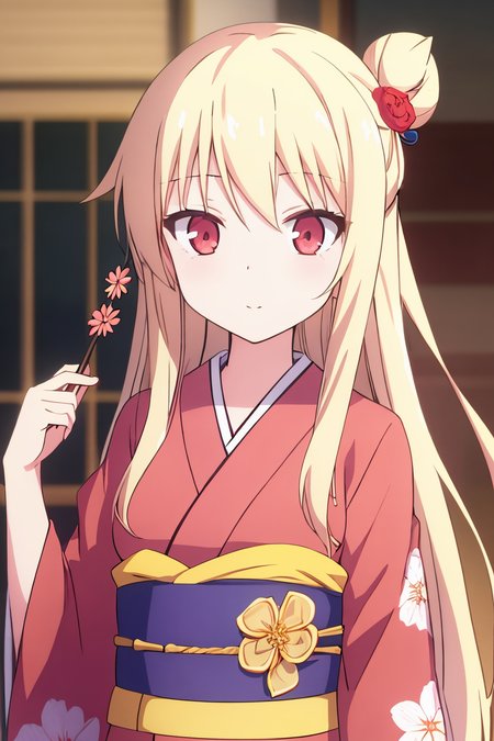 shiina mashiro, 1girl, blonde hair, solo, japanese clothes, kimono, looking at viewer, single hair bun, red eyes, sash, hair bun, obi, hair ornament, long hair, upper body, sidelocks, floral print, hair stick, <lora:shiina_mashiro-v4:0.75>