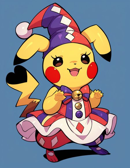 zPDXL, score_9, score_8_up, score_7_up, score_6_up, score_5_up, source_anime, 4k, absurdres, 1girl, solo, 
<lora:Cosplaychu_v1-1-20:0.8>, cosplay pikachu, pokemon \(creature\), pikachu ears, pikachu tail, feral, eyelashes, shortstack, flat chest,
jester wearing a jester hat with bells, harlequin dress with ribbons, colorful jester shoes ,