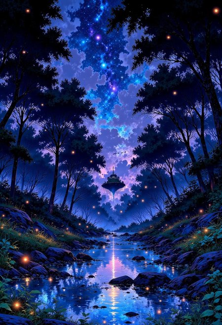 Enchanted Bioluminescent Forest – Glowing Trees & Floating Lights
"A mystical forest where ancient trees emit a soft, blue bioluminescent glow. The leaves shimmer in hues of violet and turquoise, casting an eerie, yet beautiful light. Fireflies dance through the air like tiny stars, their golden glow reflecting off a crystal-clear river that winds through the glowing undergrowth. A distant, floating island hovers above the mist-covered canopy, bathed in an ethereal purple glow."