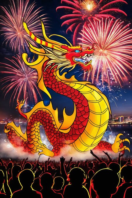 new year celebration,  art work,  red and yellow dragon,  16k,  best quality,  HDR,  night,  show people,  Fireworks 2024 on sky,  16k,  HDR,<lora:EMS-88628-EMS:0.800000>,<lora:EMS-255229-EMS:0.600000>