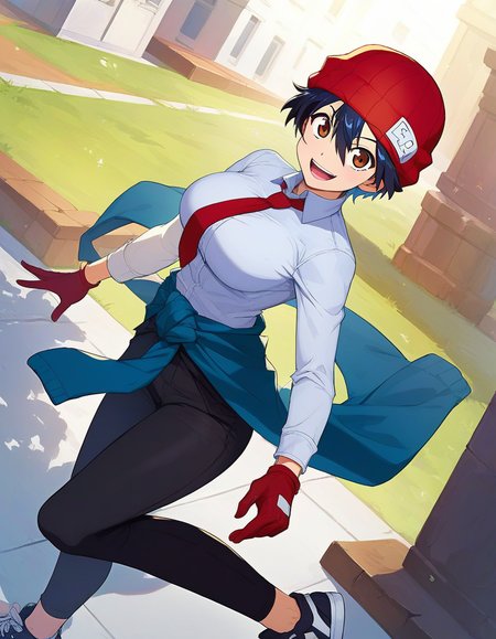 score_9,score_8_up,score_7_up,score_6_up BREAK official art,solo,outdoors,smile,looking at viewer,facing viewer,Izumo Fuuko,tomboy,beanie,red headwear,black hair,short hair,hair between eyes,brown eyes,collared shirt,white shirt,red necktie,large breasts,skindentation,long sleeves,red gloves,jacket around waist,black pants,sneakers,black footwear,<lora:Izumo Fuuko(uu)-Pony:1.2>,<lora:Smooth Anime Style LoRA XL:0.8>,