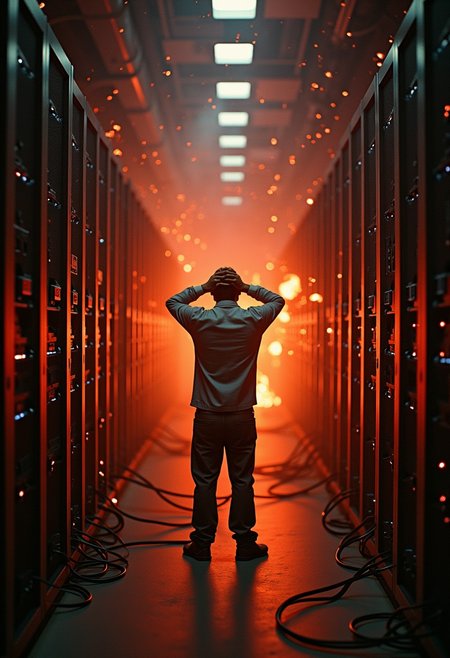 Room full of servers and network cables in flames and a powerless man before them with his hands on his head, by Tony Conrad ,Biopunk, shallow depth of field, vignette, (Fiber optic light painting) (Fujicolor Superia X-TRA 400:) (Light tracing) (Dramatic lighting), electric sparks,  (LOW-KEY:1.2) 
Text-to-image,, future style 
Text-to-image octane render, ultra photorealistic, 8 k hyper detailed image unreal engine, the art contemporary art by adolf hiremy hirschl, shallow depth of field, vignette,
