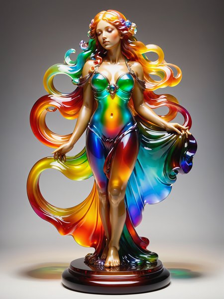 statue of a woman in the style of alphonse_mucha, rainbow colors, floating hair, spotlight,   <lora:JellyStyle:0.8>, (masterpiece:1.2), best quality