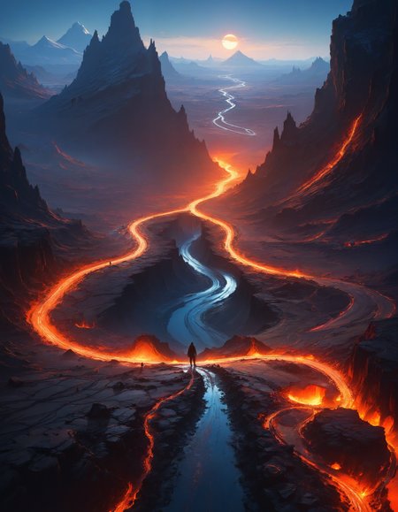 a person standing in the middle of a desert, inspired by Andreas Rocha, fantasy art, icy road on a planet of lava, wadim kashin. ultra realistic, canyon, beautiful dark landscape, (intricate details, masterpiece, best quality:1.4)
<lora:add-detail-xl:0.5> <lora:xl_more_art-full_v1:0.5> <lora:looking_at_viewer:2>